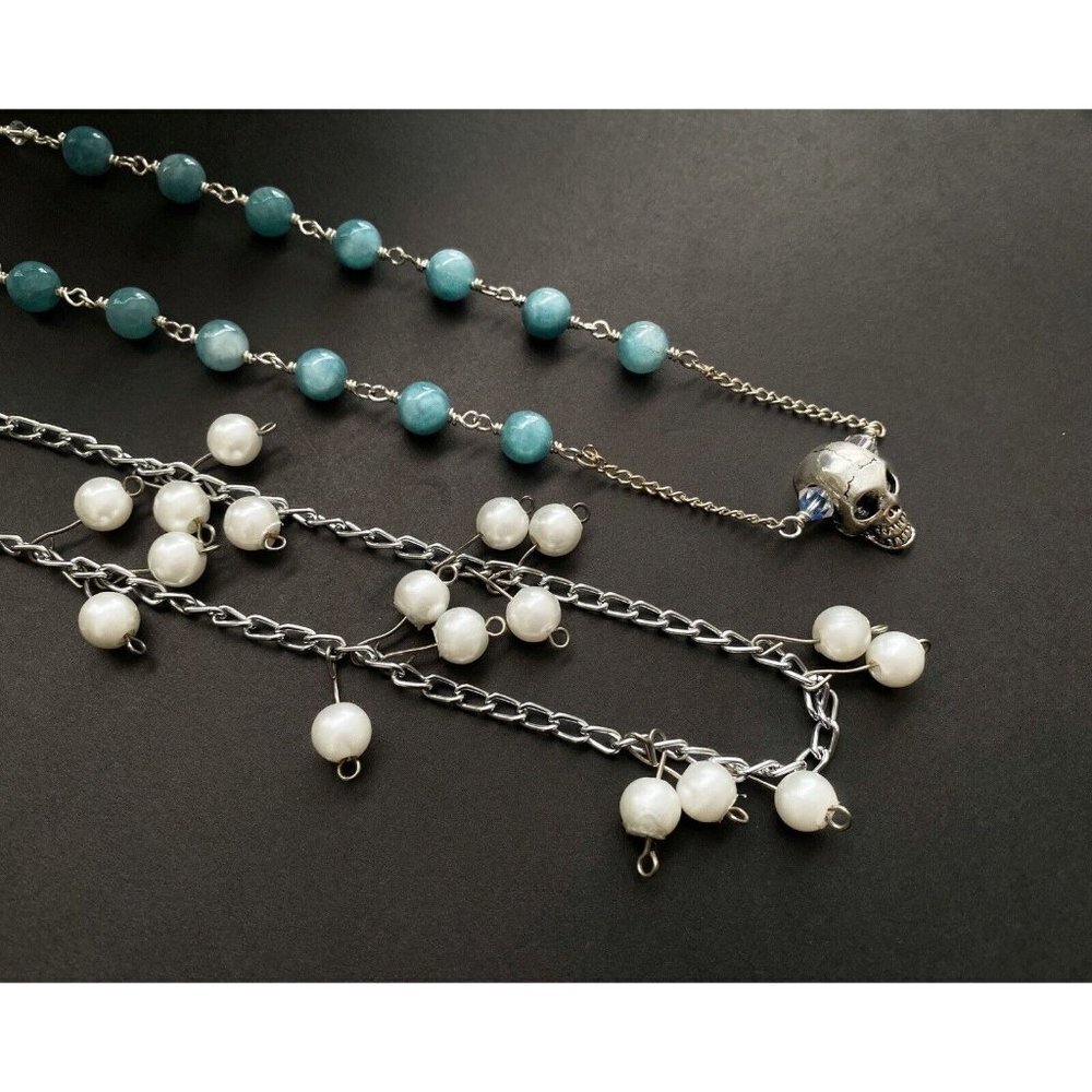 Necklace Set of 2 - Skull Pendant Blue and white beaded necklace 20” - Picture 1 of 8